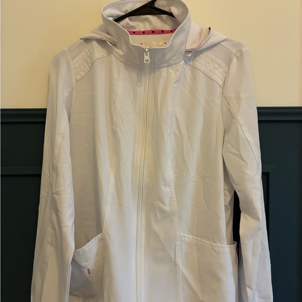 HeartSoul Women's white Hooded Scrub Jacket with removable hood
